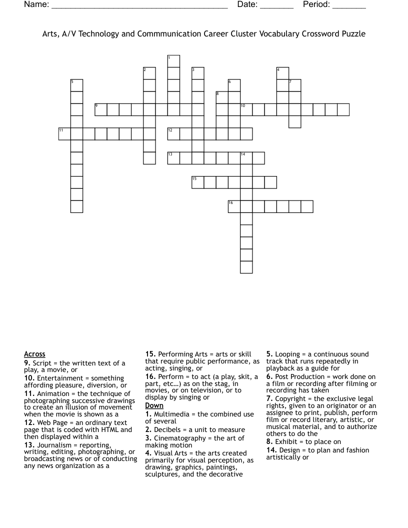 Arts, A/V Technology and Commmunication Career Cluster Vocabulary Crossword Puzzle
