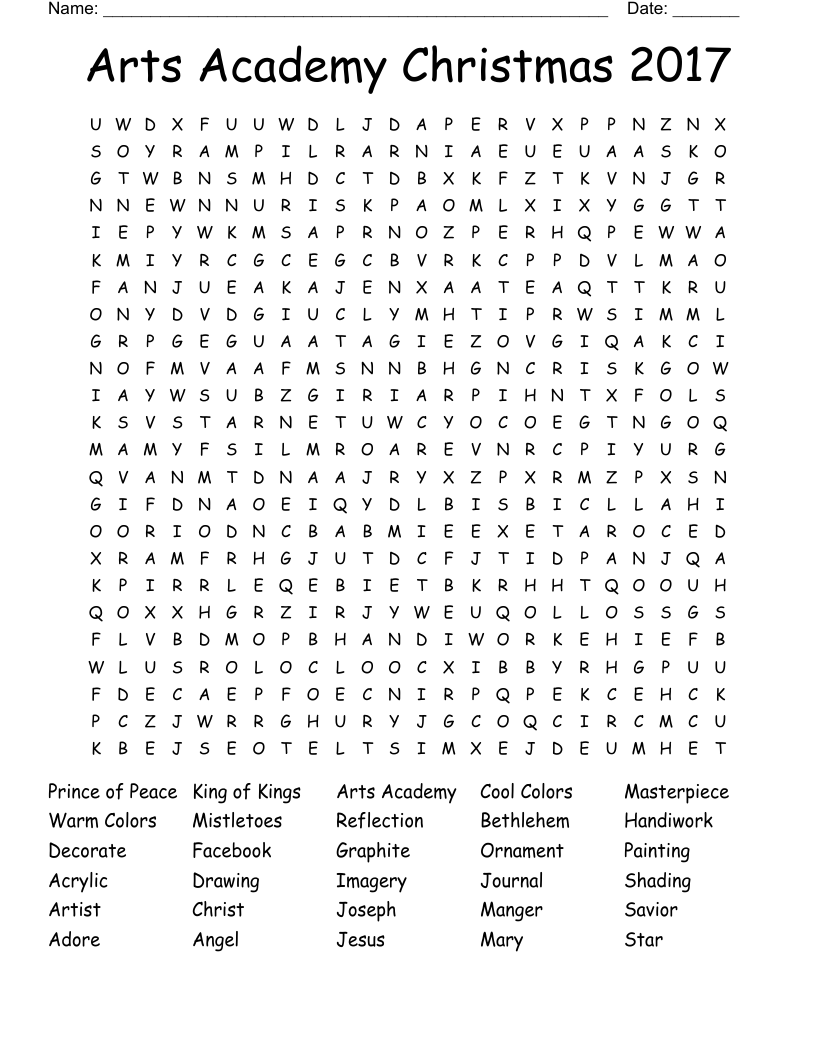Arts Academy Christmas 2017 Word Search
