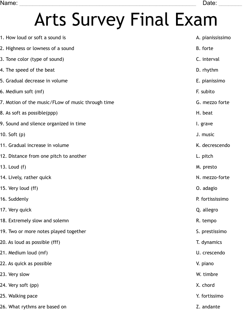Arts Survey Final Exam Worksheet