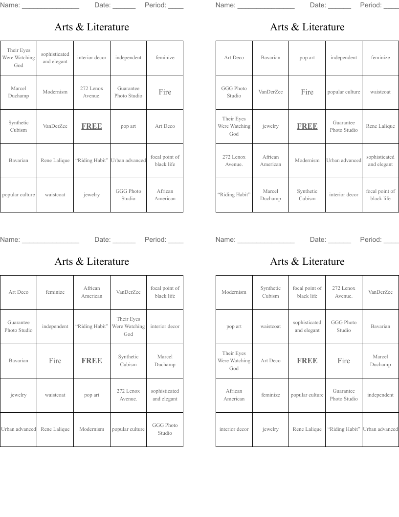 Arts & Literature Bingo Cards