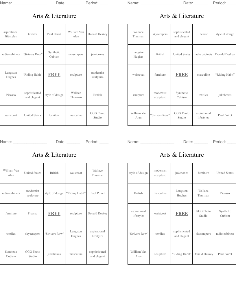 Arts & Literature Bingo Cards