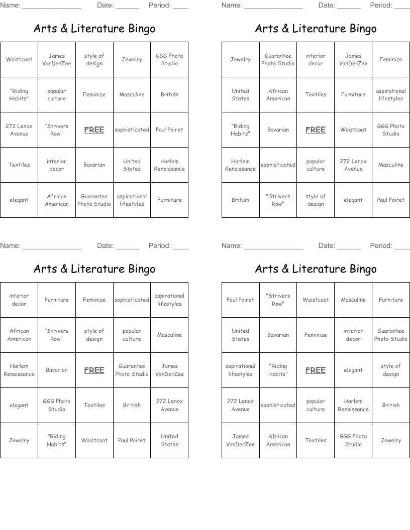Arts & Literature Bingo