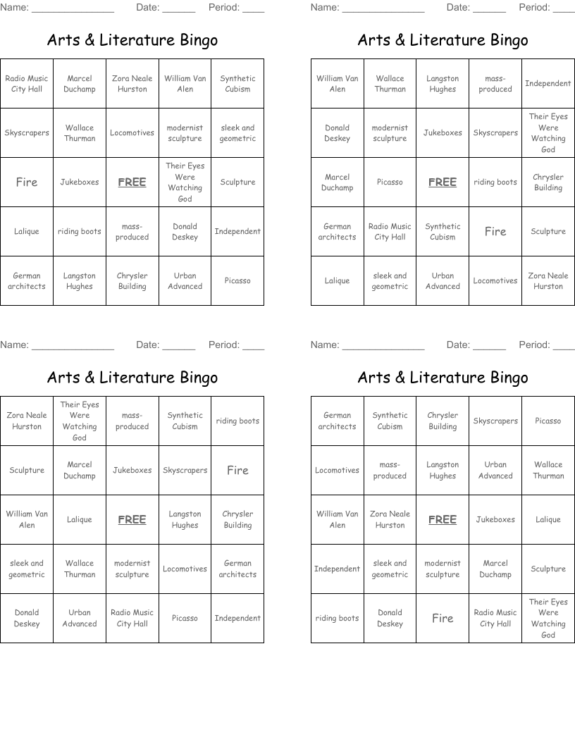Arts & Literature Bingo 