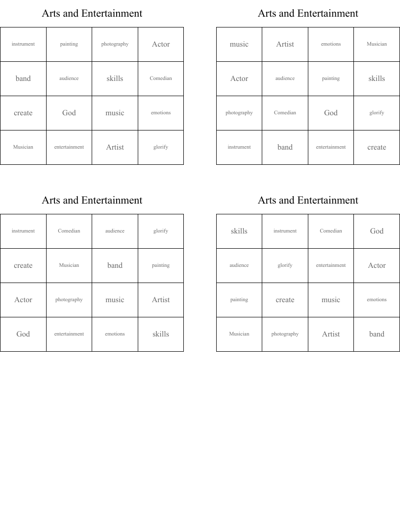 Arts and Entertainment Bingo Cards