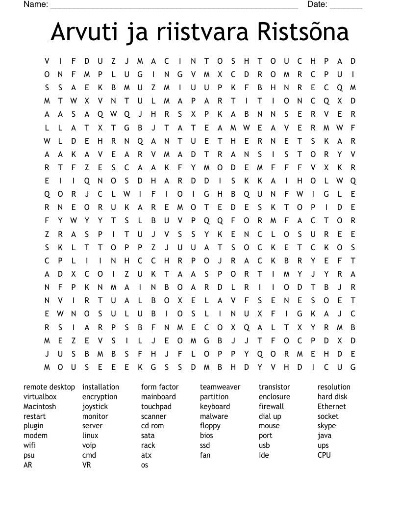Arvuti ja riistvara Ristsõna Word Search