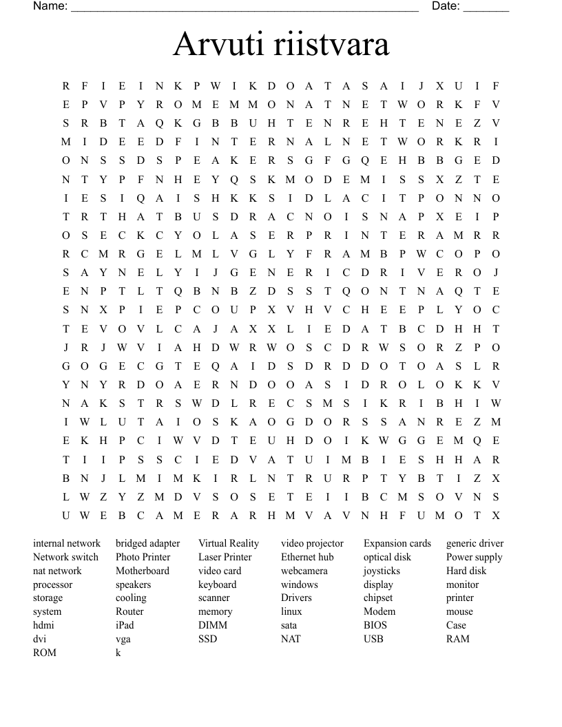 Arvuti riistvara Word Search