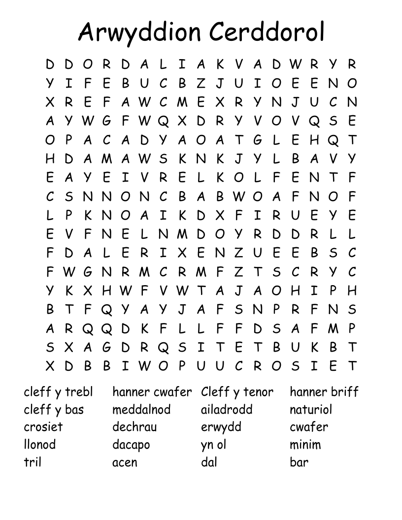 Arwyddion Cerddorol Word Search
