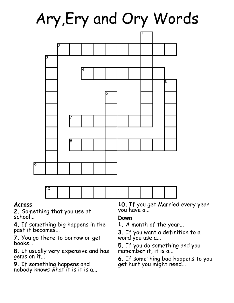 Ary,Ery and Ory Words Crossword
