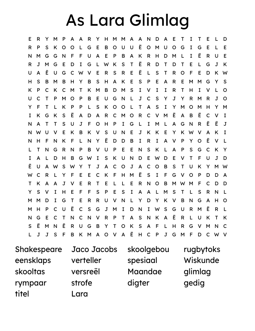 As Lara Glimlag Word Search
