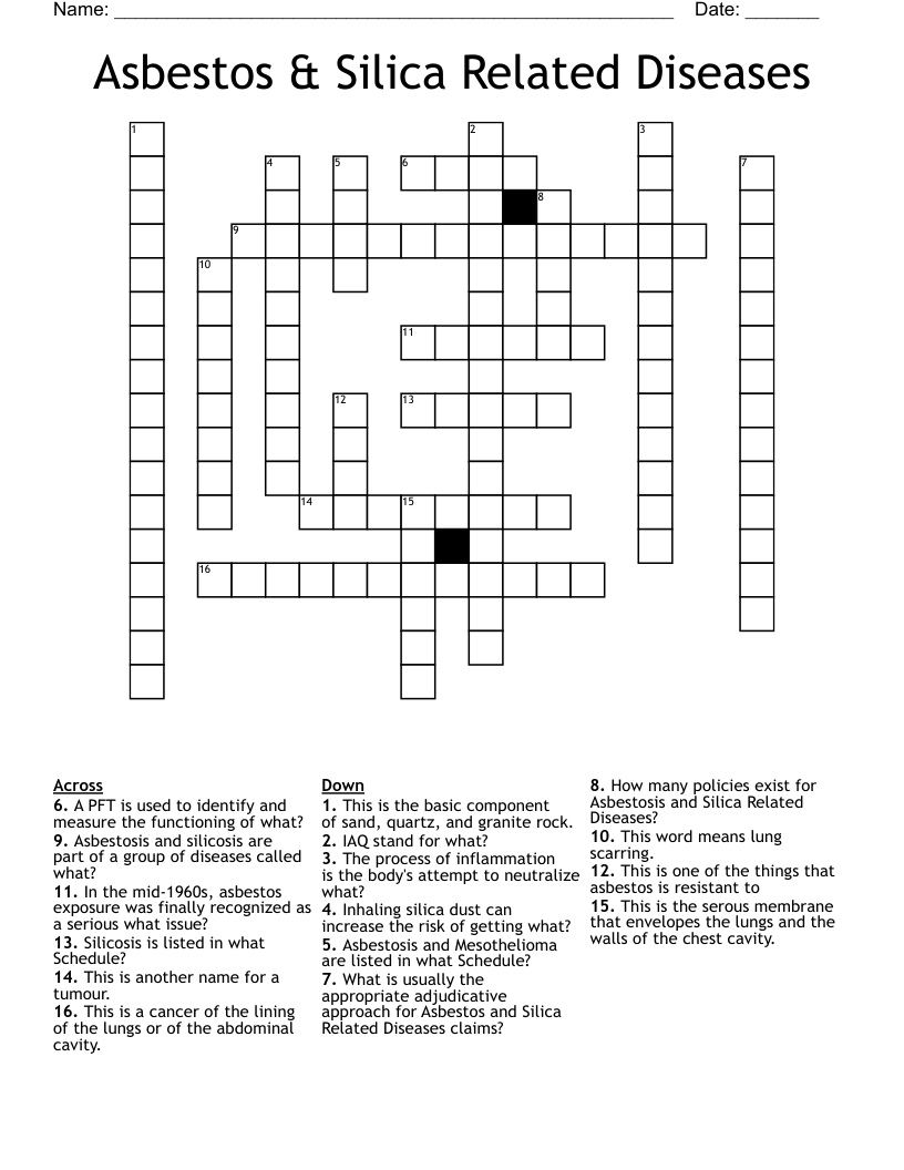 Asbestos & Silica Related Diseases Crossword
