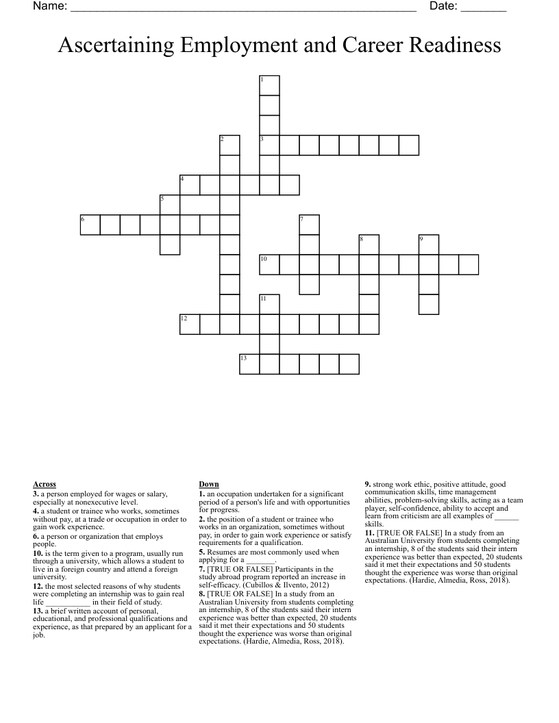 Ascertaining Employment and Career Readiness Crossword