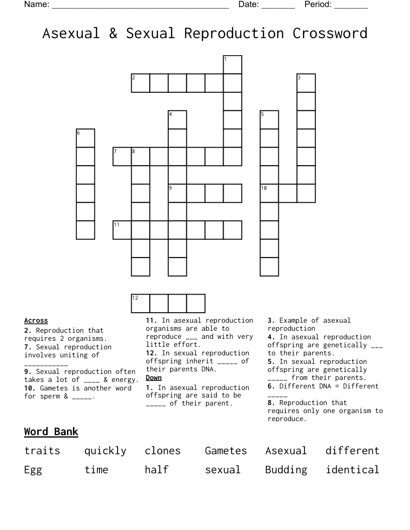 Asexual & Sexual Reproduction Crossword
