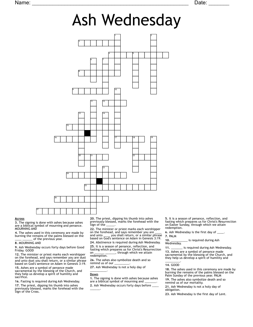 Ash Wednesday Crossword