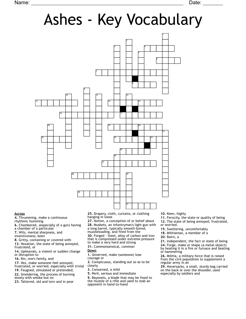 Ashes - Key Vocabulary Crossword