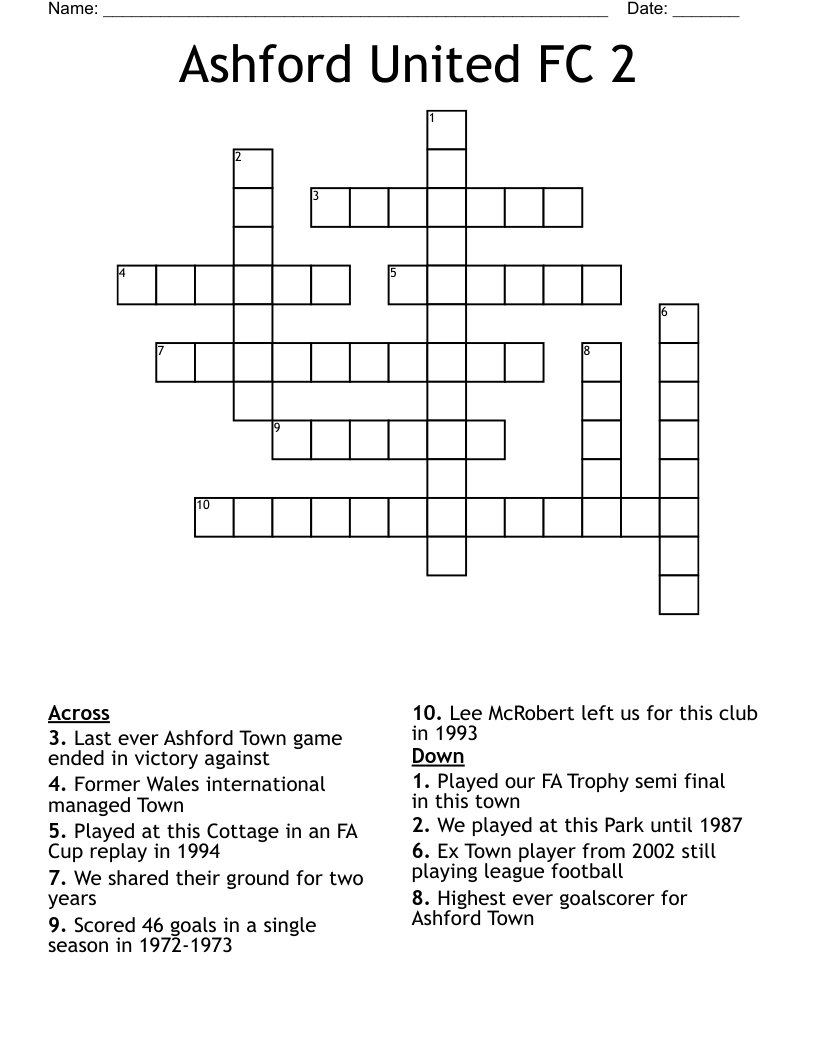 Ashford United FC 2 Crossword