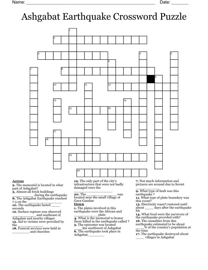 Ashgabat Earthquake Crossword Puzzle