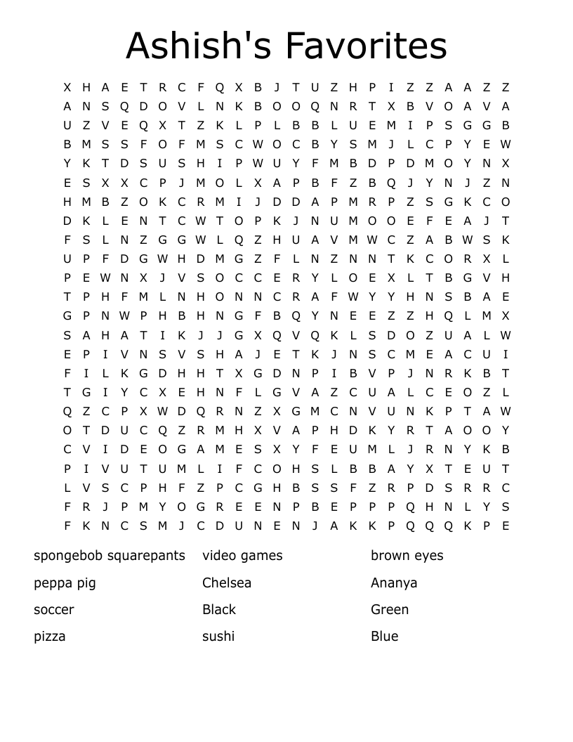 Ashish's Favorites Word Search