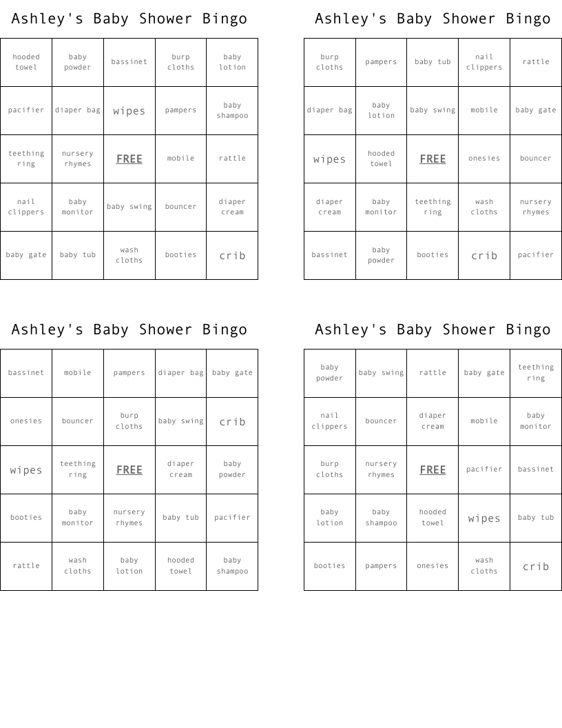 Ashley's Baby Shower Bingo