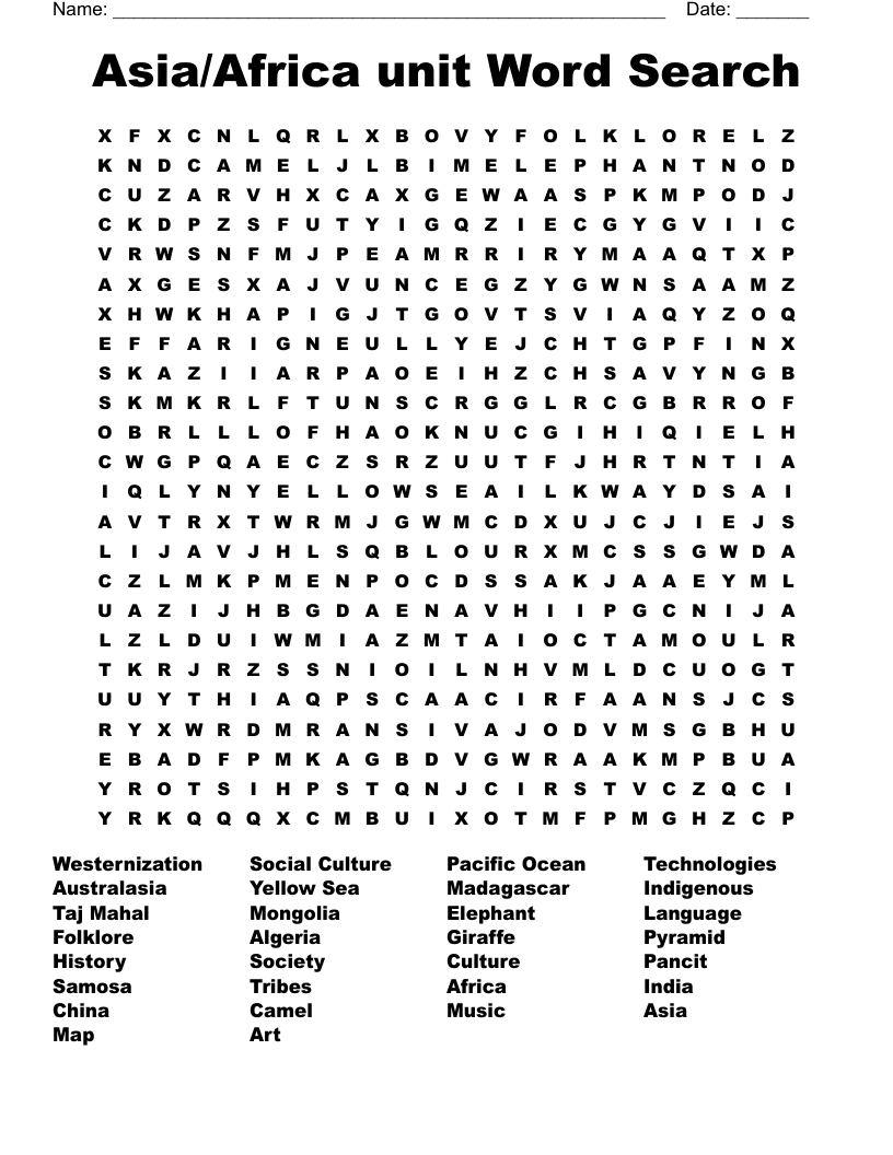 Asia/Africa unit Word Search