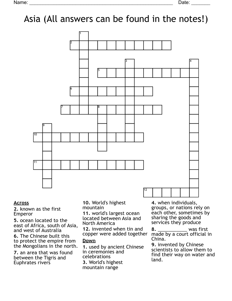 Asia (All answers can be found in the notes!)