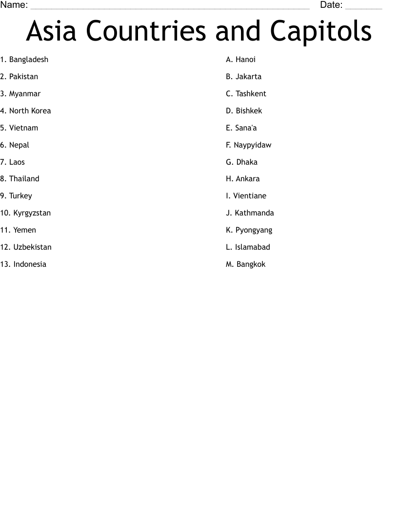 Asia Countries and Capitols Worksheet