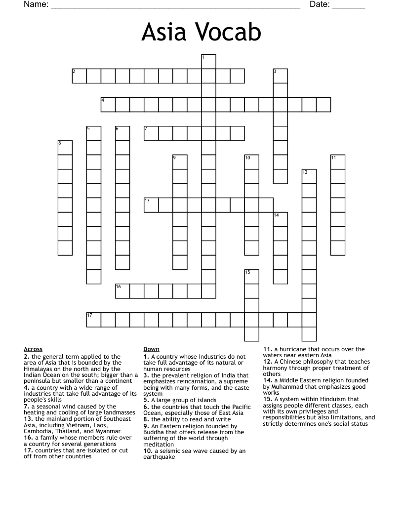Asia Vocab Crossword