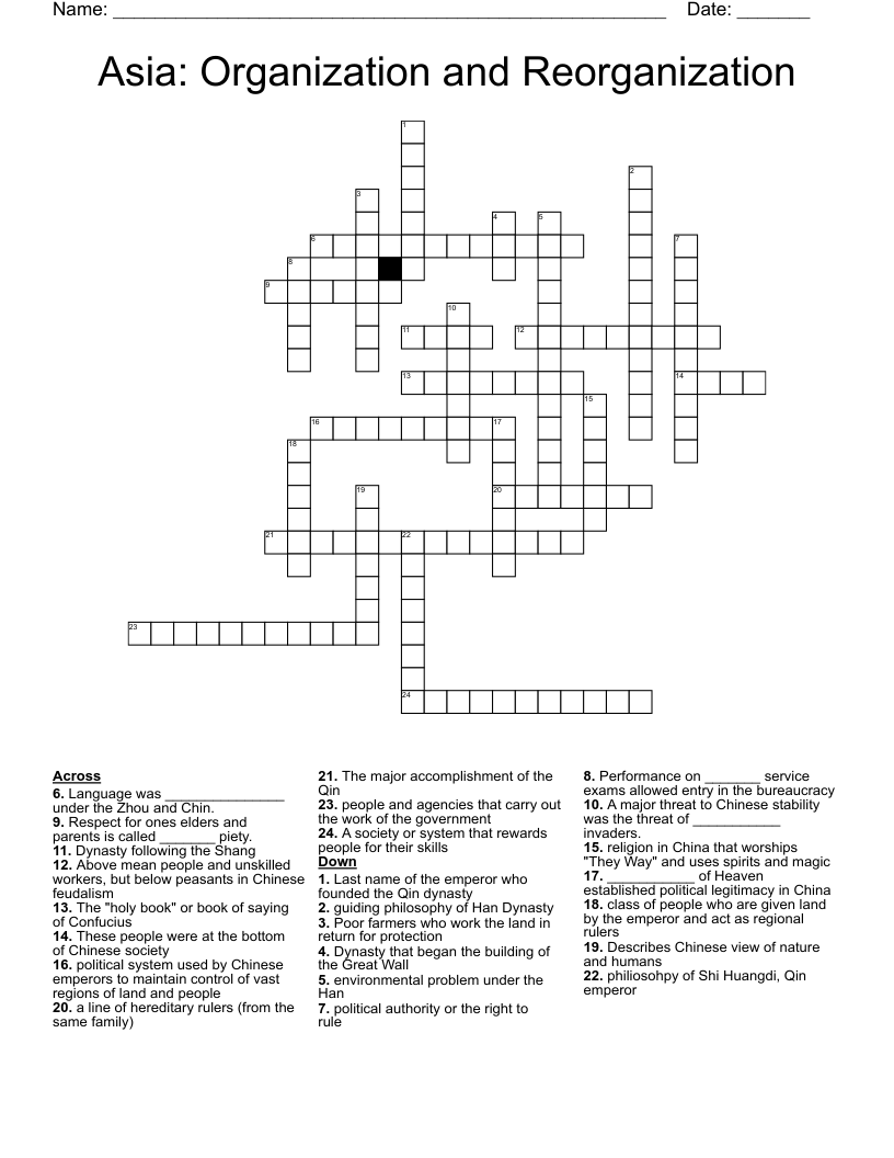 Asia:  Organization and Reorganization Crossword
