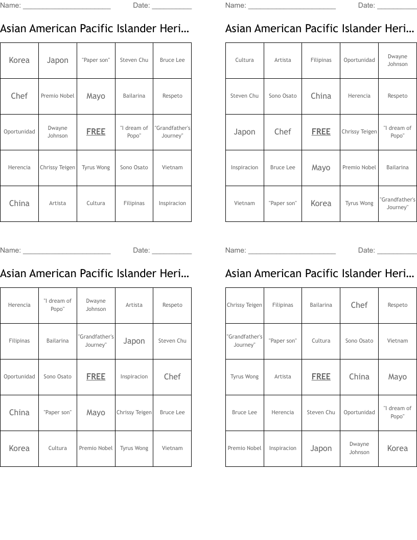 Asian American Pacific Islander Heritage Month Bingo Cards
