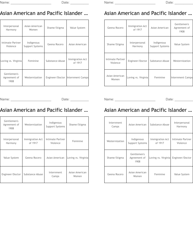 Asian American and Pacific Islander BINGO