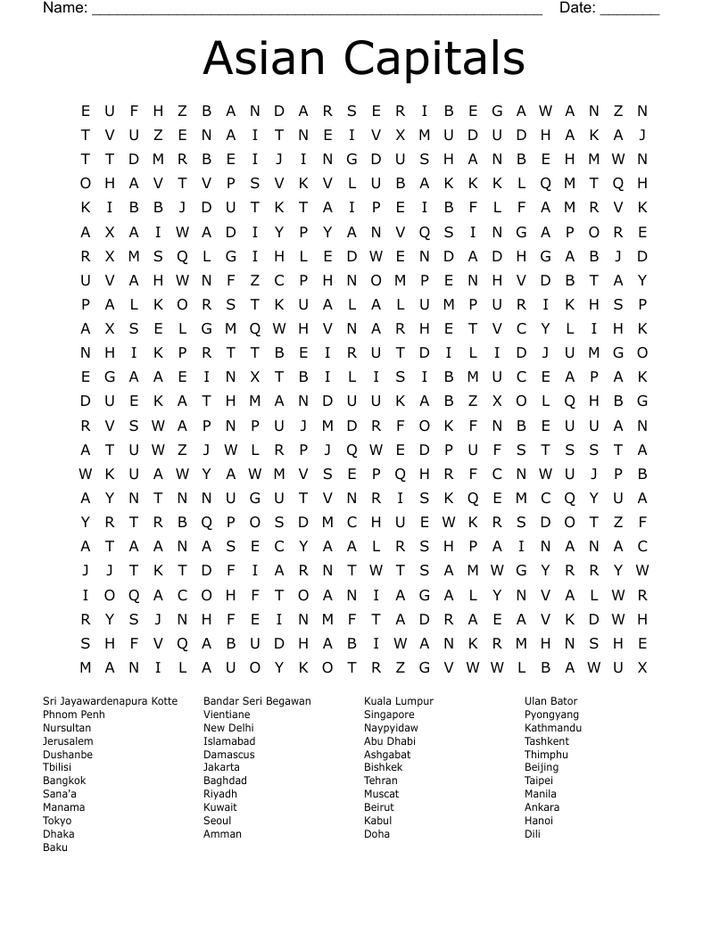 Asian Capitals Word Search