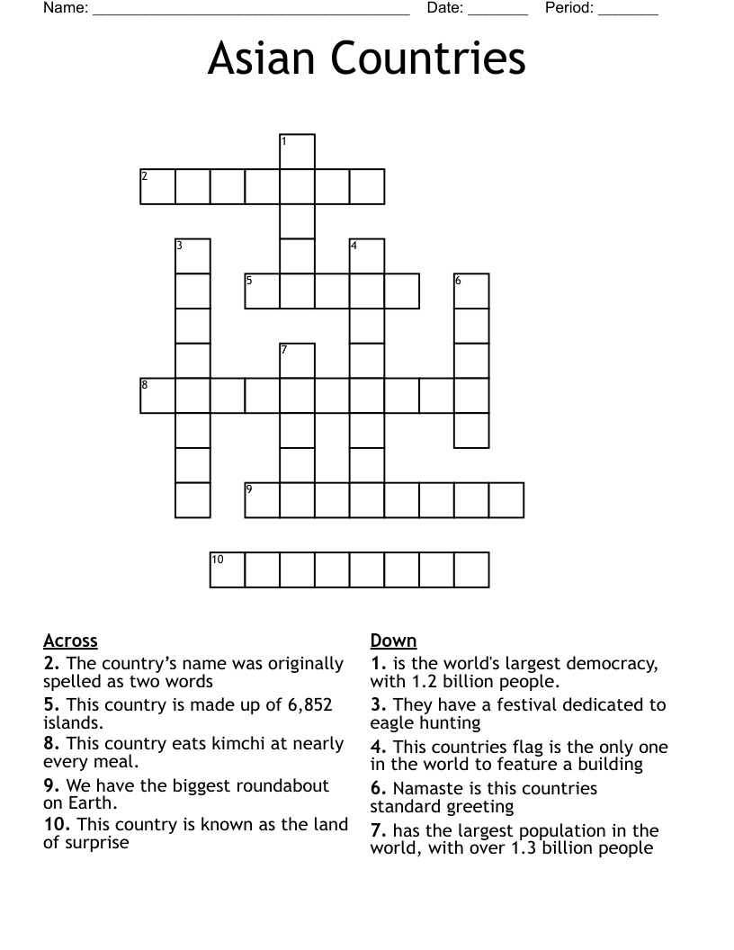 Asian Countries Crossword
