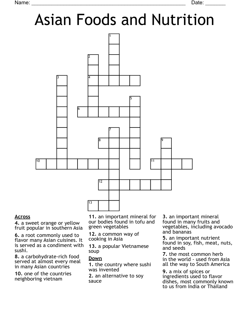 Asian Foods and Nutrition Crossword