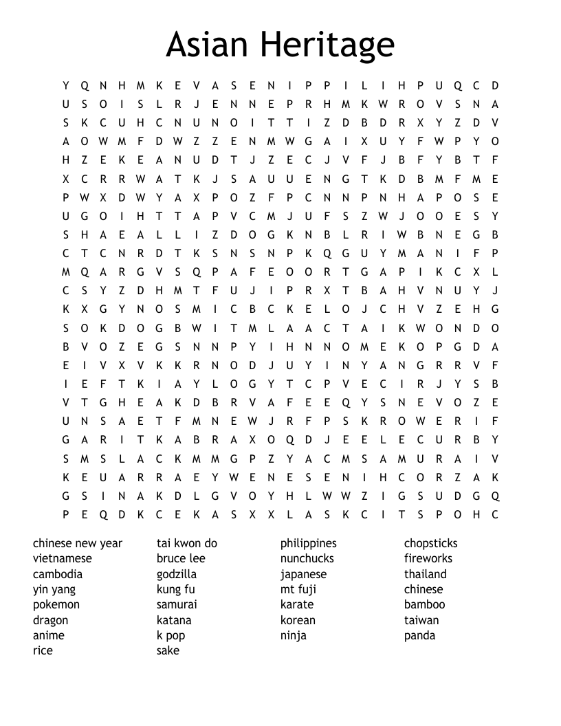 Asian Heritage Word Search