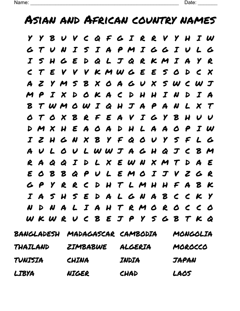 Asian and African country names Word Search