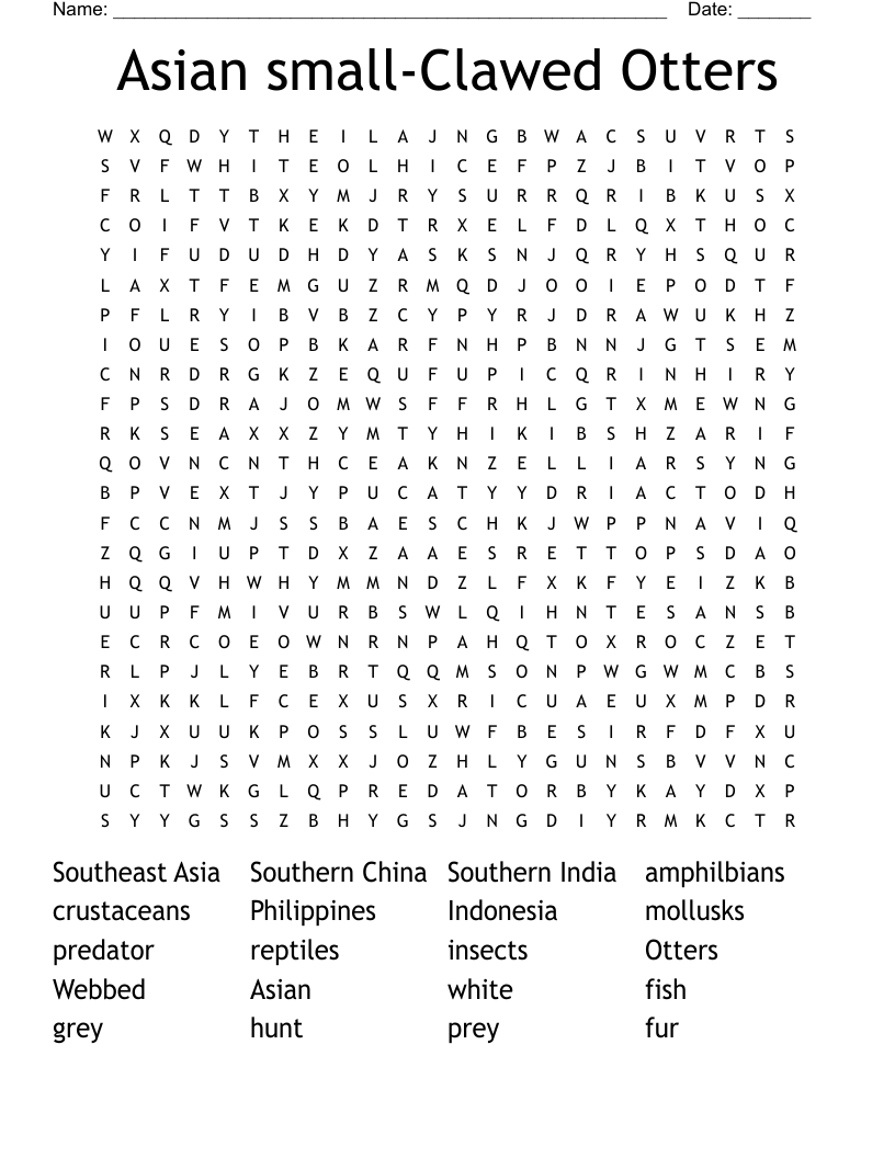 Asian small-Clawed Otters Word Search