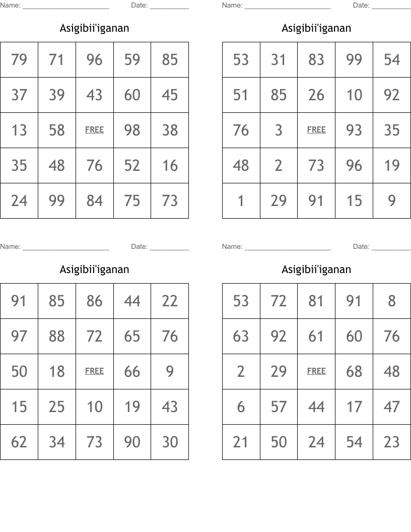 Asigibii'iganan Bingo Cards
