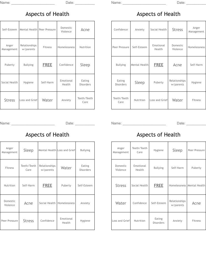 Aspects of Health Bingo Cards