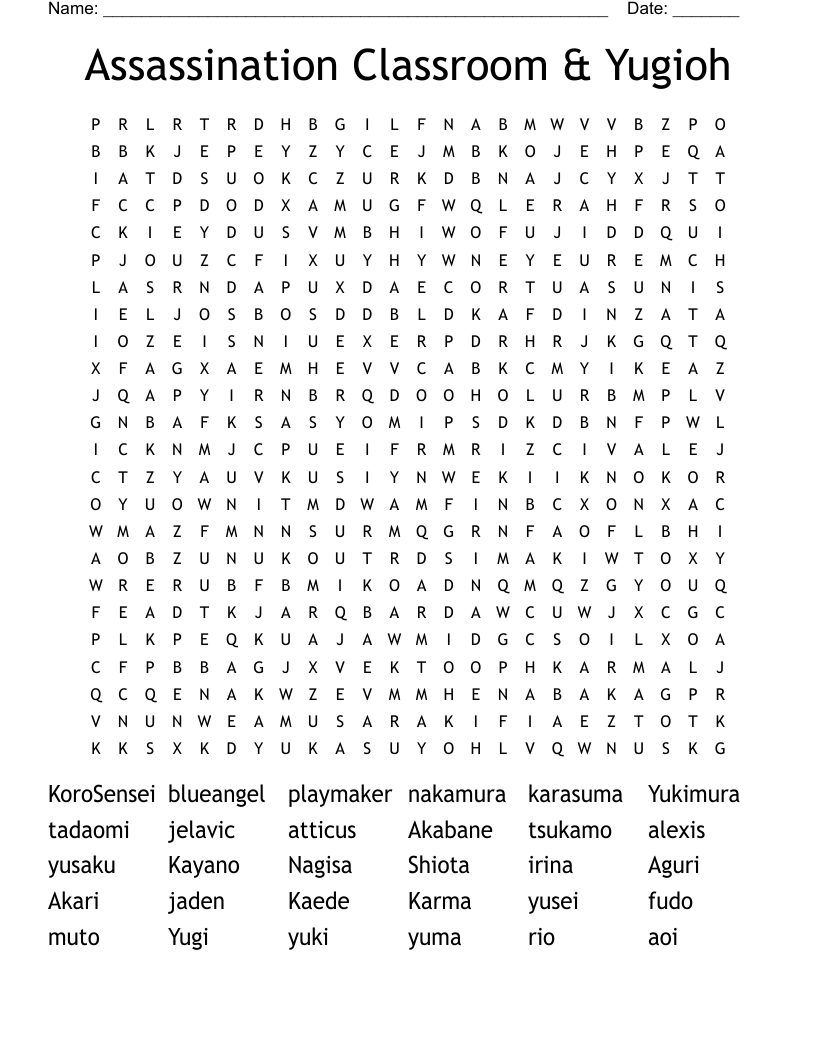 Assassination Classroom & Yugioh Word Search