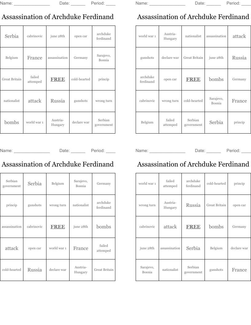 Assassination of Archduke Ferdinand  Bingo Cards