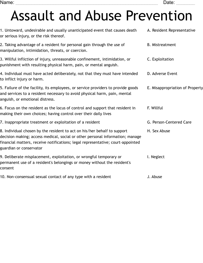 Assault and Abuse Prevention Worksheet