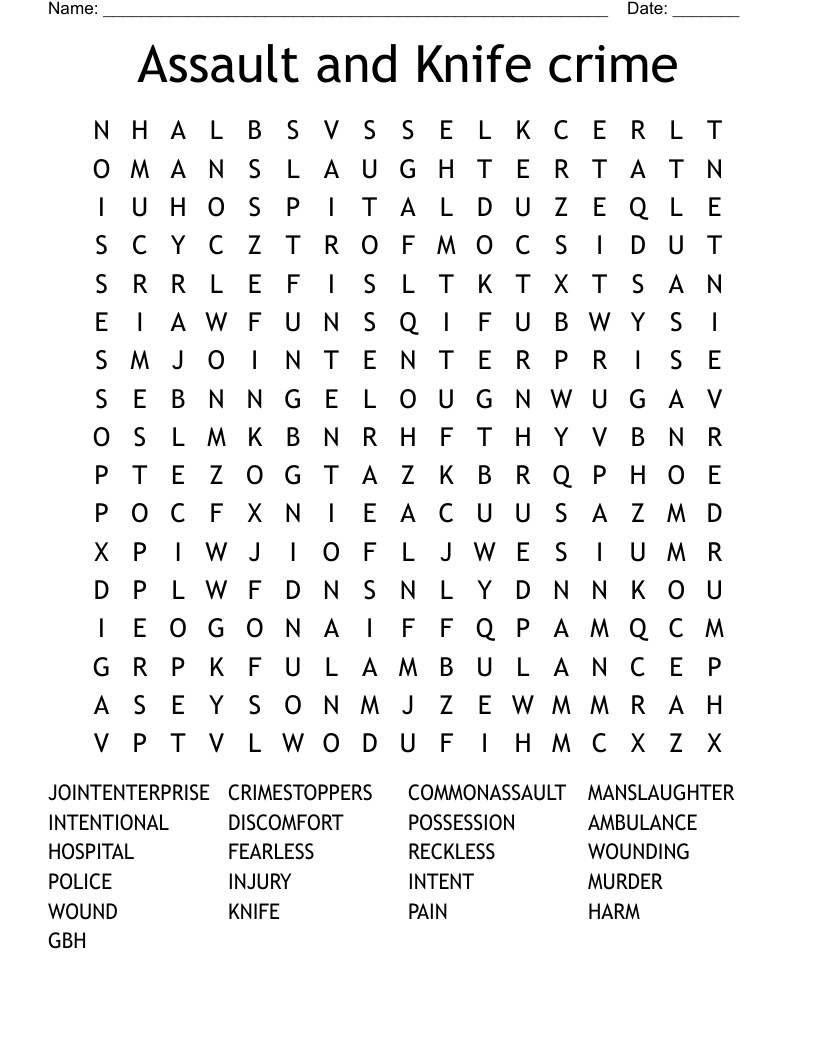Assault and Knife crime Word Search