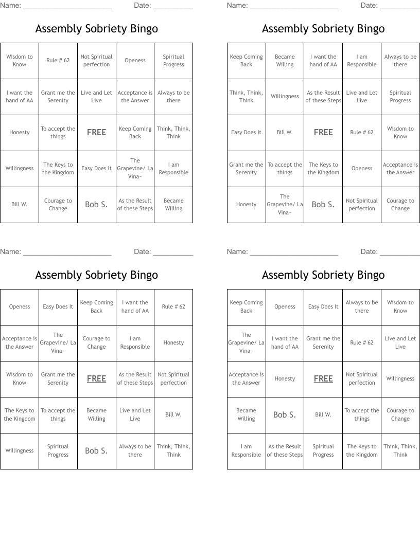 Assembly Sobriety Bingo