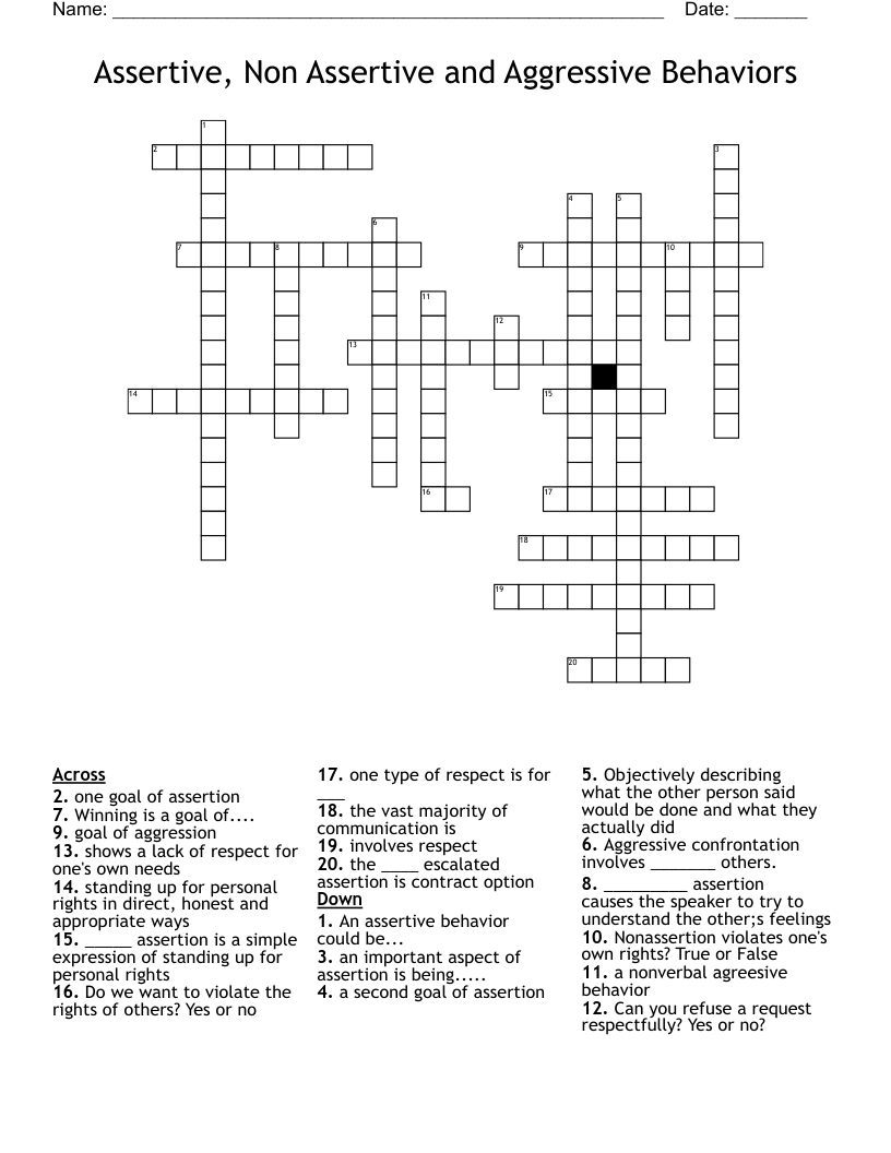 Assertive, Non Assertive and Aggressive Behaviors Crossword