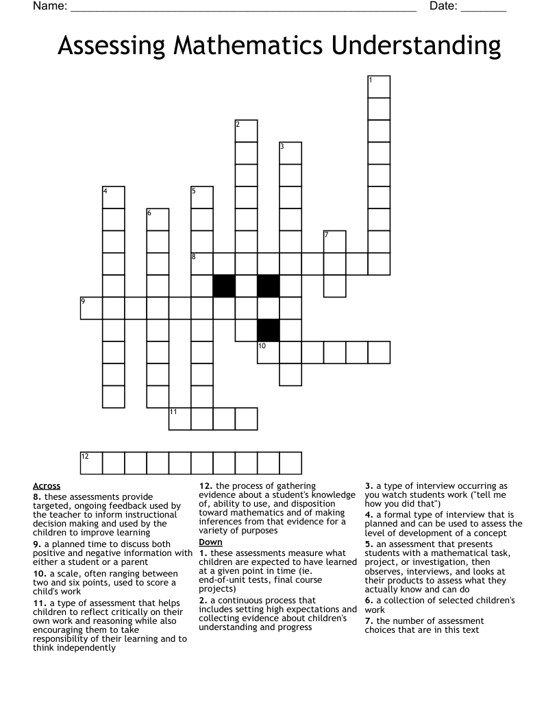 Assessing Mathematics Understanding Crossword
