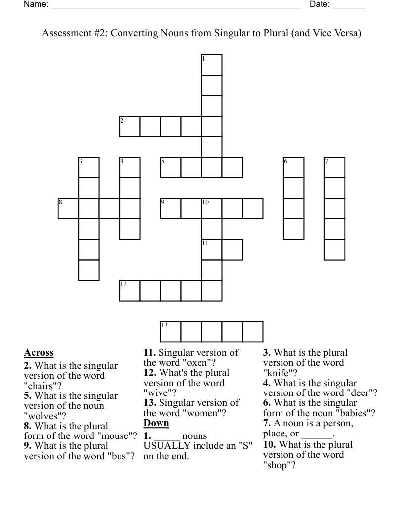 Assessment #2: Converting Nouns from Singular to Plural (and Vice Versa) Crossword
