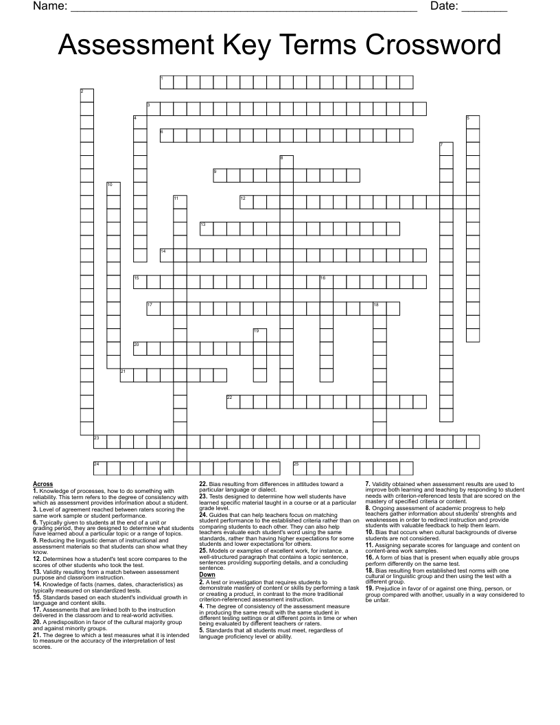 Assessment Key Terms Crossword