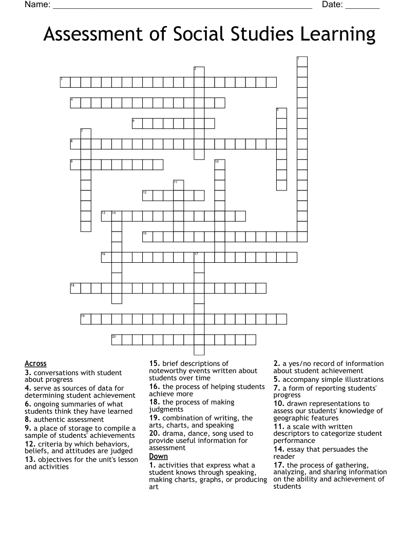 Assessment of Social Studies Learning Crossword