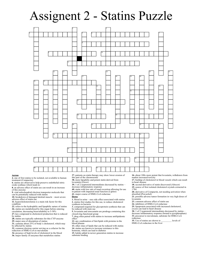 Assignent 2 - Statins Puzzle Crossword