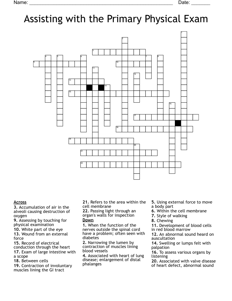 Assisting with the Primary Physical Exam Crossword