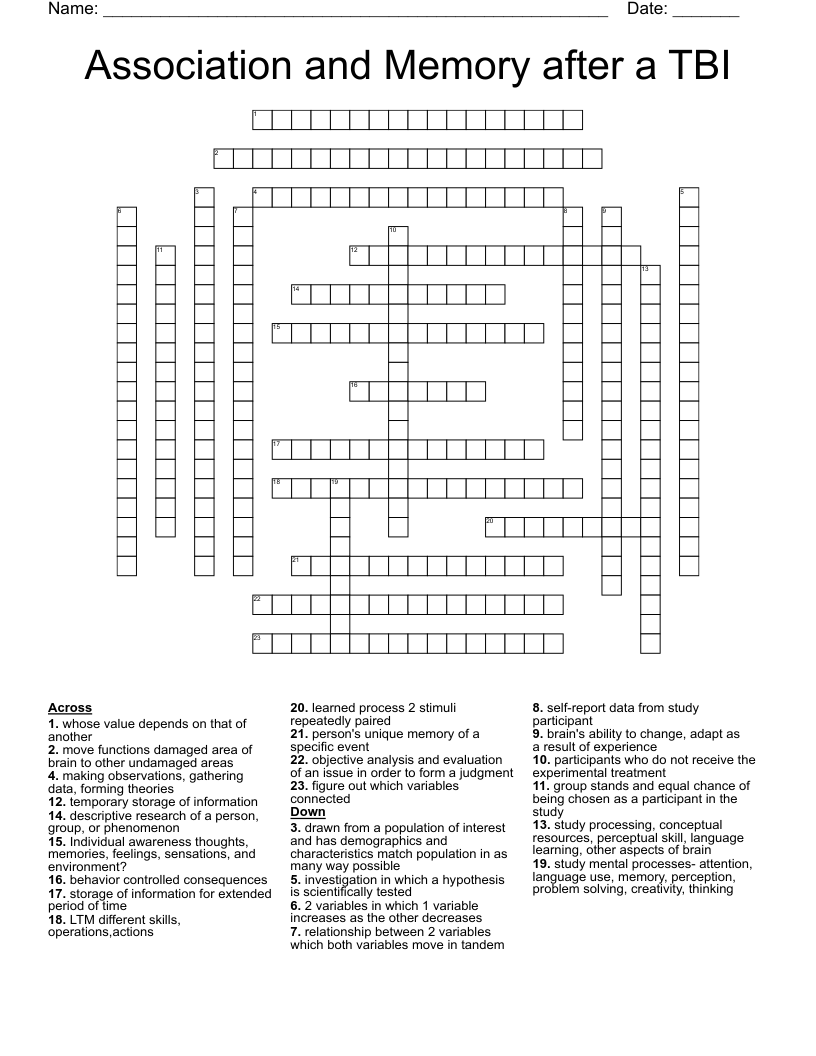 Association and Memory after a TBI Crossword